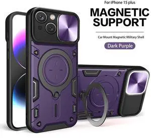 TPU PC Shockproof Magnetic Phone Case with Free Adjustment Ring Holder for IPHONE 15 Plus in Purple