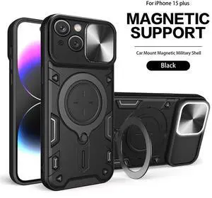 TPU PC Shockproof Magnetic Phone Case with Free Adjustment Ring Holder for IPHONE 15 Plus in Black
