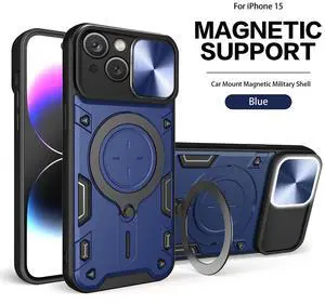 TPU PC Shockproof Magnetic Phone Case with Free Adjustment Ring Holder for IPHONE 15 in Blue