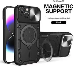 TPU PC Shockproof Magnetic Phone Case with Free Adjustment Ring Holder for IPHONE 15 in Black