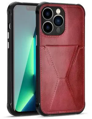 TPU Leather Phone Case for Apple iPhone 13 PRO with Card Holder Strap In Red