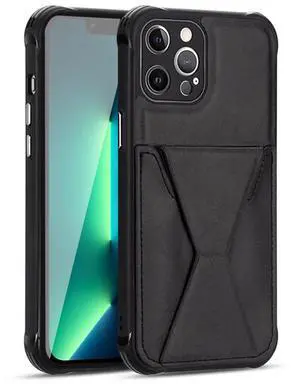 TPU Leather Phone Case for Apple iPhone 13 PRO with Card Holder Strap In Black