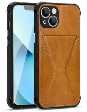TPU Leather Phone Case for Apple iPhone 13 with Card Holder Strap In Brown