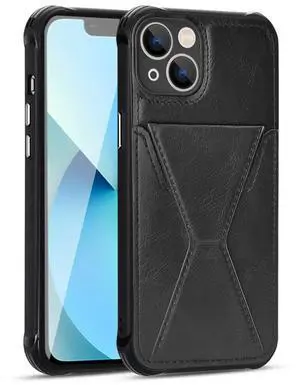 TPU Leather Phone Case for Apple iPhone 13 with Card Holder Strap In Black