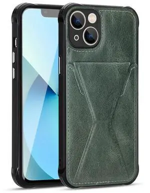 TPU Leather Phone Case for Apple iPhone 13 with Card Holder Strap In Green