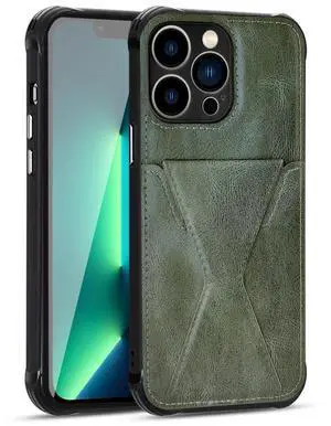 TPU Leather Phone Case for Apple iPhone 13 PRO with Card Holder Strap In Green