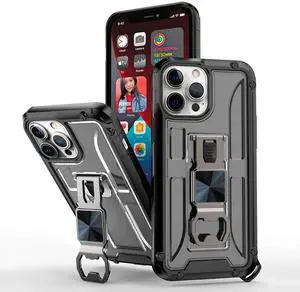 Kickstand Ring Holder/Bottle Opener with Magnetic Car Mount for APPLE IPHONE 13 Pro In Black