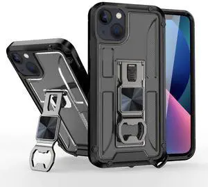 Kickstand Ring Holder/Bottle Opener Case with Magnetic Car Mount for APPLE IPHONE 13 In Black