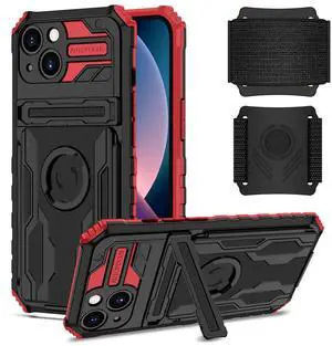 High Elastic Plastic iPhone 13 Case with Kickstand, Sports Mobile Wristband and Card Slot In Red