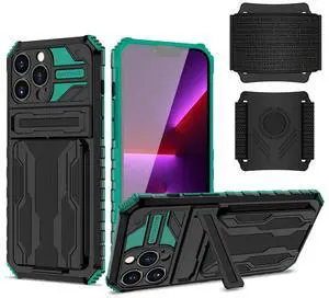 High Elastic Plastic iPhone 13 Pro Case with Kickstand, Sports Mobile Wristband and Card Slot In Green