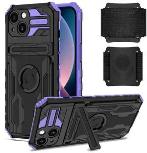 High Elastic Plastic iPhone 13 Case with Kickstand, Sports Mobile Wristband and Card Slot In Purple