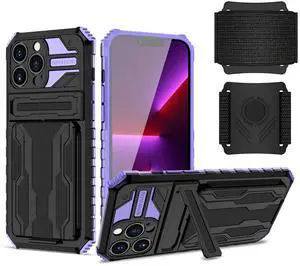 High Elastic Plastic iPhone 13 Max Case with Kickstand, Sports Mobile Wristband and Card Slot In Purple