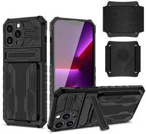 High Elastic Plastic iPhone 13 Max Case with Kickstand, Sports Mobile Wristband and Card Slot In Black
