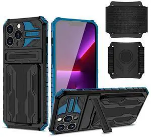 High Elastic Plastic iPhone 13 Max Case with Kickstand, Sports Mobile Wristband and Card Slot In Blue