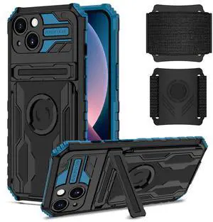 High Elastic Plastic iPhone 13 Case with Kickstand, Sports Mobile Wristband and Card Slot In Blue