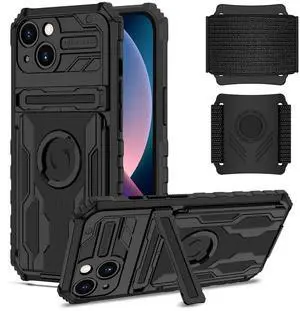 High Elastic Plastic iPhone 13 Case with Kickstand, Sports Mobile Wristband and Card Slot In Black