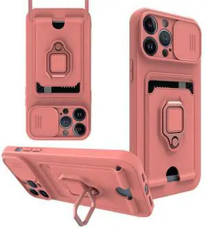 High Quality iPhone 13 Pro Case with Camera cover, Kickstand, Slide lens protection, Magnetic ring stand, Crossbody strap and Card holder In Pink