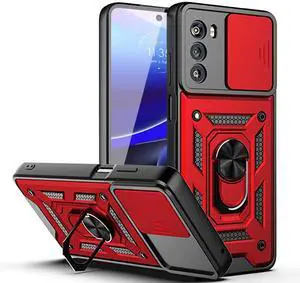 Kickstand Ring Holder with Slide Camera Cover TPU Shockproof Case and Magnetic Car Mount for MOTO G STYLUS 5G (2022) In Red