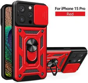 Kickstand Ring Holder with Slide Camera Cover TPU Magnetic Car Mount for APPLE IPHONE 15 PRO In Red