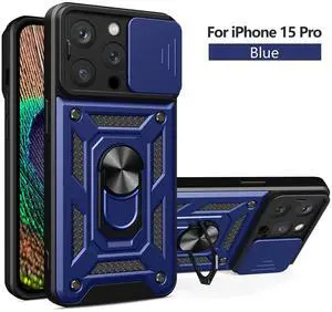 Kickstand Ring Holder with Slide Camera Cover TPU Magnetic Car Mount for APPLE IPHONE 15 PRO In Blue