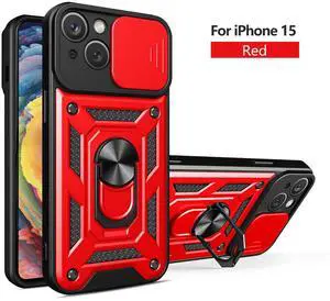 Kickstand Ring Holder with Slide Camera Cover TPU Magnetic Car Mount for APPLE IPHONE 15 In Red