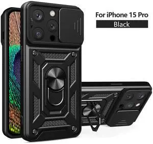 Kickstand Ring Holder with Slide Camera Cover TPU Magnetic Car Mount for APPLE IPHONE 15 PRO In Black