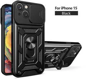 Kickstand Ring Holder with Slide Camera Cover TPU Magnetic Car Mount for APPLE IPHONE 15 In Black