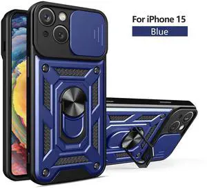 Kickstand Ring Holder with Slide Camera Cover TPU Magnetic Car Mount for APPLE IPHONE 15 In Blue