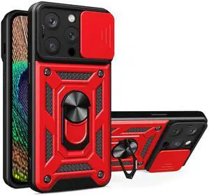 Kickstand Ring Holder with Slide Camera Cover TPU Magnetic Car Mount for APPLE IPHONE 14 PRO In Red