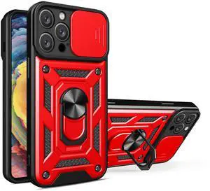 Kickstand Ring Holder with Slide Camera Cover TPU Magnetic Car Mount for APPLE IPHONE 14 PRO MAX In Red