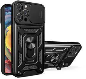 Kickstand Ring Holder with Slide Camera Cover TPU Magnetic Car Mount for APPLE IPHONE 14 PRO MAX In Black