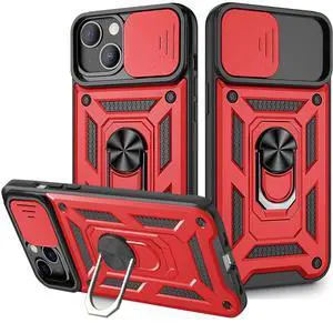 Kickstand Ring Holder with Slide Camera Cover TPU Magnetic Car Mount for APPLE IPHONE 13 In Red