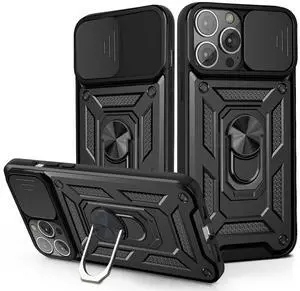 Kickstand Ring Holder & Slide Camera Cover Magnetic Car Mount for APPLE IPHONE 13 PRO In Black