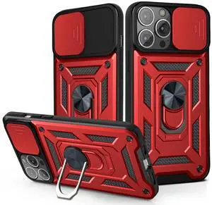 Kickstand Ring Holder with Slide Camera Cover TPU Magnetic Car Mount for APPLE IPHONE 13  PRO In Red