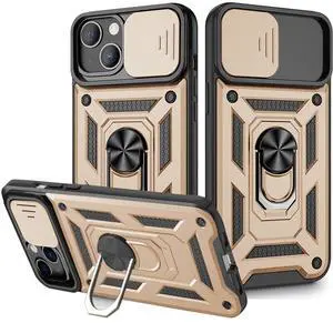Kickstand Ring Holder with Slide Camera Cover TPU Magnetic Car Mount for APPLE IPHONE 13 In Gold