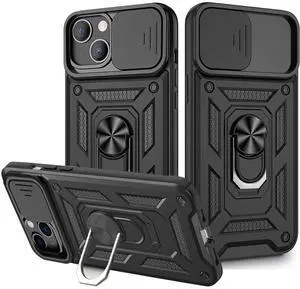 Kickstand Ring Holder with Slide Camera Cover TPU Magnetic Car Mount for APPLE IPHONE 13 In Black