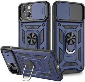 Kickstand Ring Holder with Slide Camera Cover TPU Magnetic Car Mount for APPLE IPHONE 13 In Blue