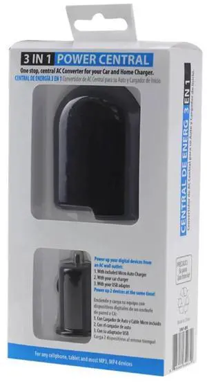 REIKO 1 AMP 3-IN-1 AC TO DC WALL ADAPTER TO CAR CHARGER IN BLACK