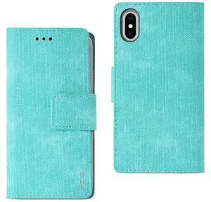 REIKO iPhone X/iPhone XS DENIM WALLET CASE WITH GUMMY INNER SHELL AND KICKSTAND FUNCTION IN BLUE