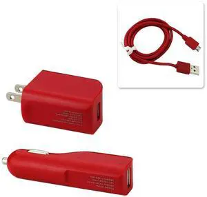 REIKO MICRO 1 AMP 3-IN-1 CAR CHARGER WALL ADAPTER WITH USB CABLE IN RED