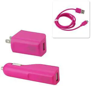 REIKO MICRO 1 AMP 3-IN-1 CAR CHARGER WALL ADAPTER WITH USB CABLE IN HOT PINK