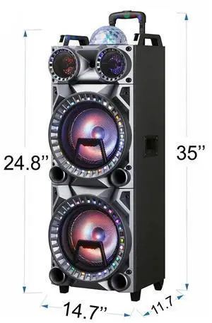 Dual 10" Rechargeable Speaker System with Wheels, LED Lights, Wireless Mic and Remote