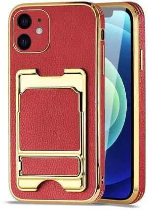 Reiko IPHONE 12 Leather Case with Card Holder In Red Reiko IPHONE 12 Leather Case with Card Holder In Red