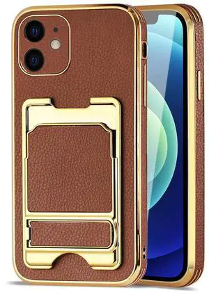 Reiko IPHONE 12 Leather Case with Card Holder In Brown Reiko IPHONE 12 Leather Case with Card Holder In Brown