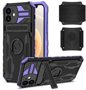 High Elastic Plastic iPhone 12 Case with Kickstand, Sports Mobile Wristband and Card Slot In Purple