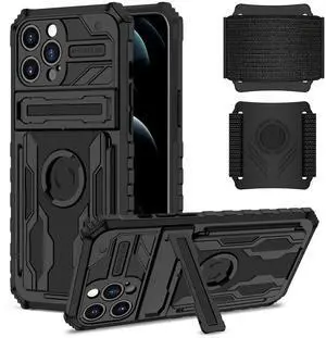 High Elastic Plastic iPhone 12 Pro Case with Kickstand, Sports Mobile Wristband and Card Slot In Black High Elastic Plastic iPhone 12 Pro Case with Kickstand, Sports Mobile Wristband and Card Slot In Black