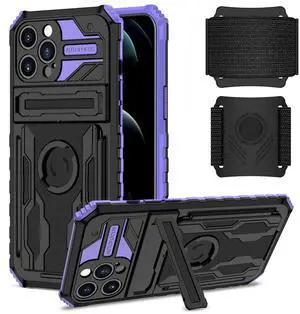 High Elastic Plastic iPhone 12 Max Case with Kickstand, Sports Mobile Wristband and Card Slot In Purple