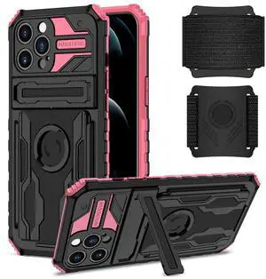 High Elastic Plastic iPhone 12 Max Case with Kickstand, Sports Mobile Wristband and Card Slot In Pink
