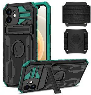 High Elastic Plastic iPhone 12 Case with Kickstand, Sports Mobile Wristband and Card Slot In Green