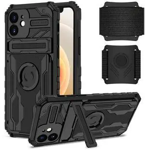High Elastic Plastic iPhone 12 Case with Kickstand, Sports Mobile Wristband and Card Slot In Black